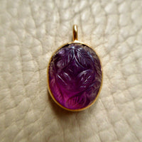 1979 Swedish Hand Carved Domed Amethyst Pendant 18k Gold – 1 inch drop