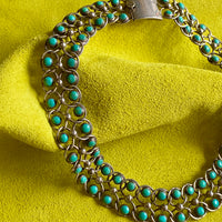 1940s Era Sterling Silver Handmade Link Chain Choker Necklace with 2 Rows of Turquoise Cabochons, Mexican Vintage- 16 inch length