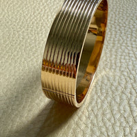 Unique! Architectural Wide 14k Gold Hinged Bangle with Linear Grooves - 6.9 inch oval interior circumference
