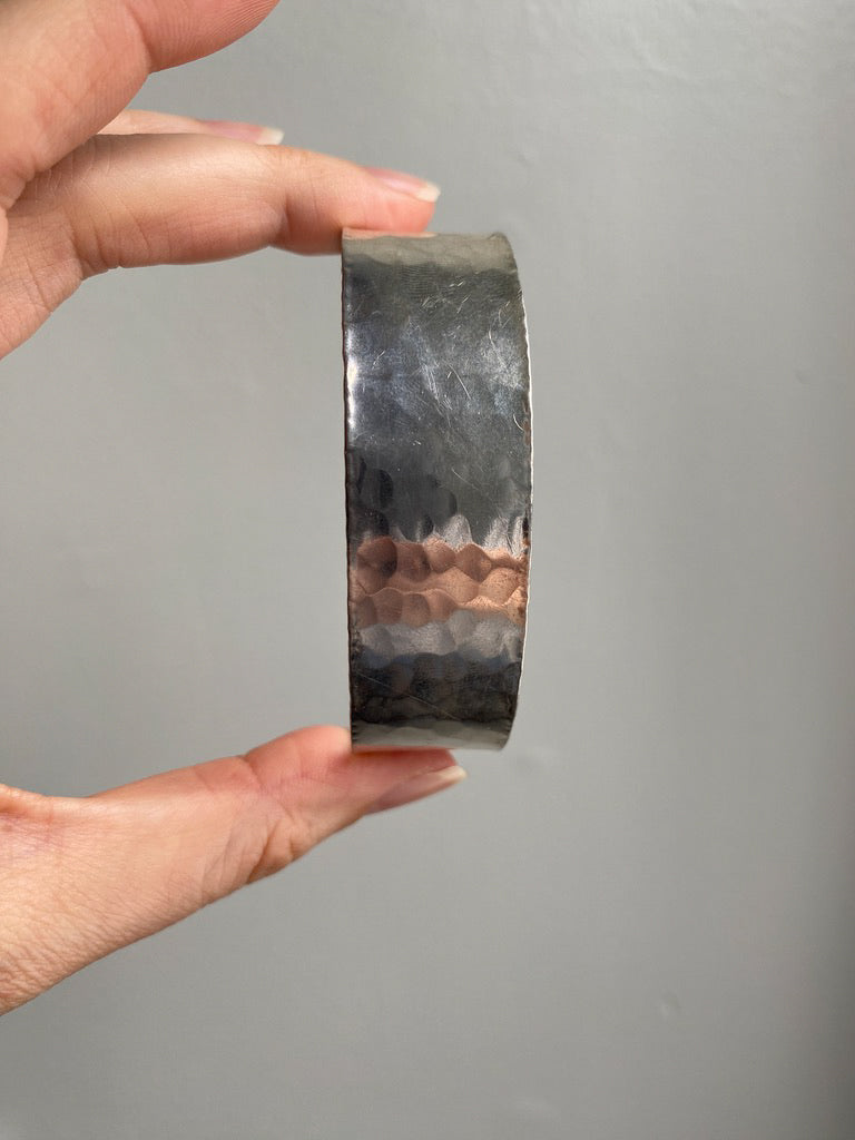 1975 Extra wide heavy hammered texture silver bangle by NOKO - size 8.1 inch