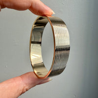 Unique! Architectural Wide 14k Gold Hinged Bangle with Linear Grooves - 6.9 inch oval interior circumference
