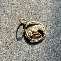 14k gold pendant with an aries ram design on a textured gray surface