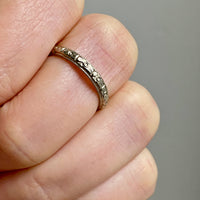18k White Gold Vintage Wedding Band with Etched continuous Blossom Pattern- Zurich Band - size 5.75