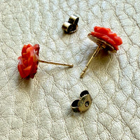 Antique Dutch Carved Coral Flower Stud Earrings in 14k Gold