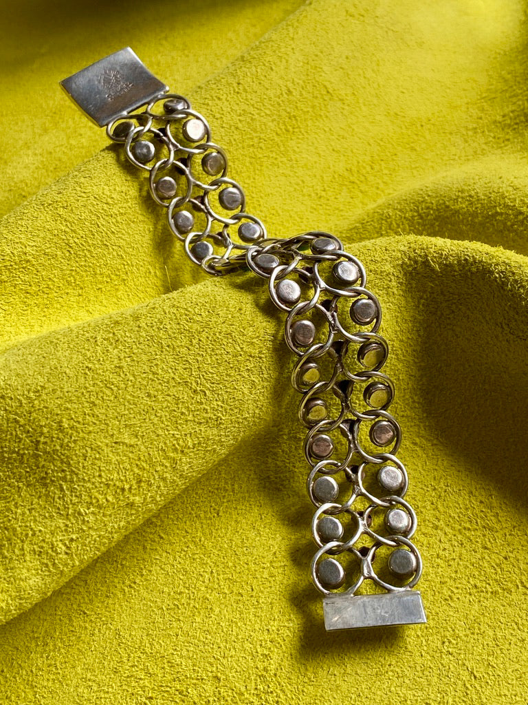 1940s Era Sterling Silver Handmade Link Chain Bracelet with 2 Rows of Turquoise Cabochons- 7.2 inch length