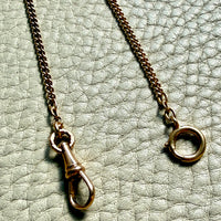 Gold chain necklace with clasp on a textured green surface