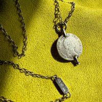 1880 Antique Silver Link Longuard Chain Necklace with Coin Pendant - 61.75 inch length