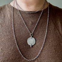 1880 Antique Silver Link Longuard Chain Necklace with Coin Pendant - 61.75 inch length