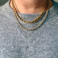 Person wearing a gold chain necklace on a gray sweater