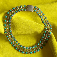 1940s Era Sterling Silver Handmade Link Chain Choker Necklace with 2 Rows of Turquoise Cabochons, Mexican Vintage- 16 inch length