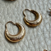 1960 Vintage Swedish 18k Gold Floral Pattern Hoop Earrings