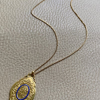 1928 Detailed 18k gold medallion pendant with blue enamel “For 21 years of faithful service”