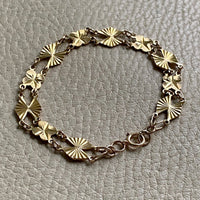 Midcentury Engine Turned 10k Gold Flowers and Fans Link Bracelet - 7.5 inch length