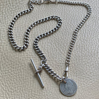 English Antique Sterling Silver Watch Chain with Antique UK Silver Coin Fobs and Extender - necklace length - 23 inch overall length