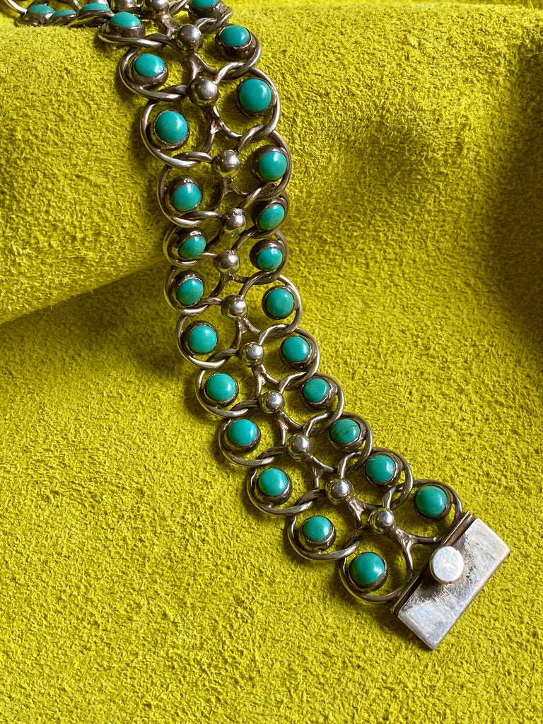 1940s Era Sterling Silver Handmade Link Chain Bracelet with 2 Rows of Turquoise Cabochons- 7.2 inch length