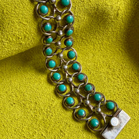 1940s Era Sterling Silver Handmade Link Chain Bracelet with 2 Rows of Turquoise Cabochons- 7.2 inch length