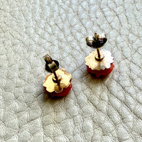 Antique Dutch Carved Coral Flower Stud Earrings in 14k Gold