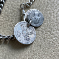 English Antique Sterling Silver Watch Chain with Antique UK Silver Coin Fobs and Extender - necklace length - 23 inch overall length