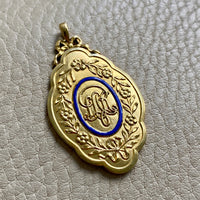 1928 Detailed 18k gold medallion pendant with blue enamel “For 21 years of faithful service”