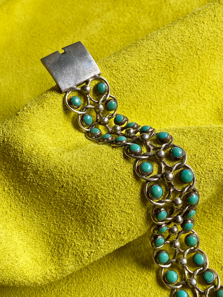 1940s Era Sterling Silver Handmade Link Chain Bracelet with 2 Rows of Turquoise Cabochons- 7.2 inch length