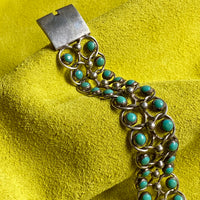 1940s Era Sterling Silver Handmade Link Chain Bracelet with 2 Rows of Turquoise Cabochons- 7.2 inch length
