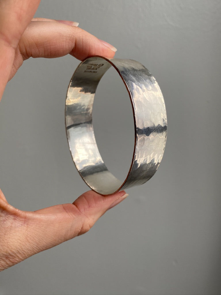 1975 Extra wide heavy hammered texture silver bangle by NOKO - size 8.1 inch