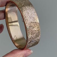1863 Antique floral engraved wide hinged 9k bangle - Victorian era from Birmingham, England - size 6.8 inch