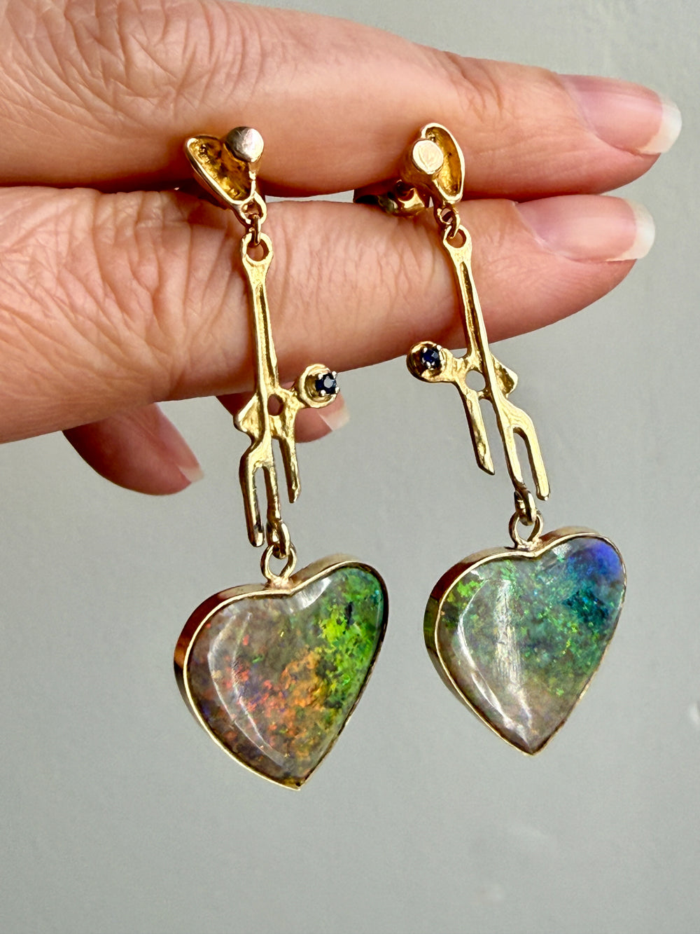 WOW! Vintage Austrian 14k Gold & Opal Heart Drop Brutalist Earrings - 2.2 inch drop