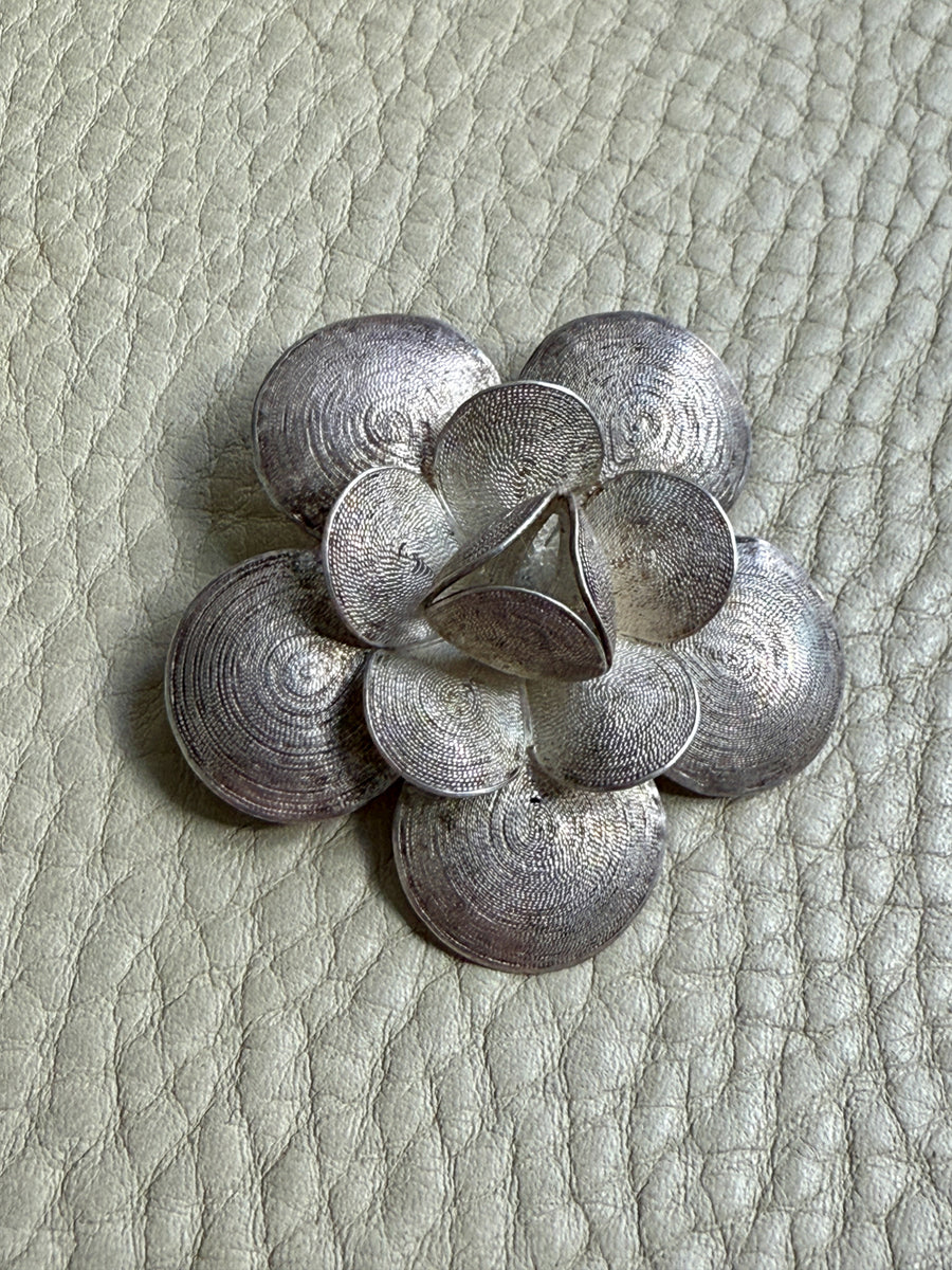 1950s Sterling Silver Filigree Flower Brooch - 1.8 inch diameter