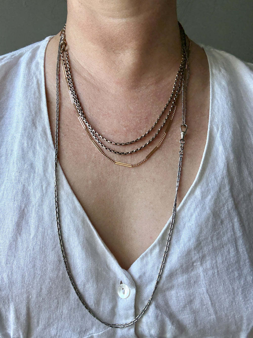 Early 1900s Antique PLATINUM Link Longuard Chain Necklace with Dog Clip - 31-62 inch length
