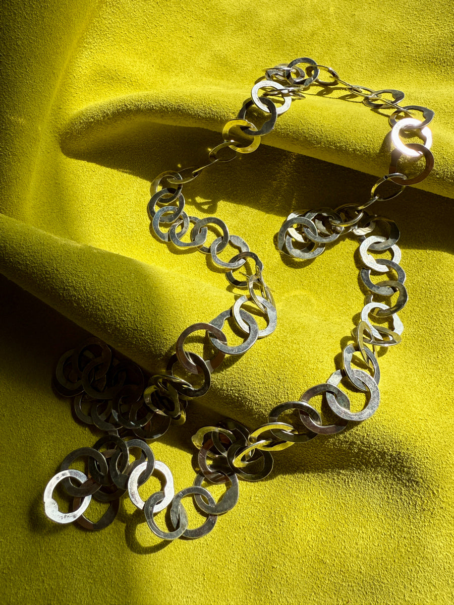 Silver Handmade Flat Circles Chain Necklace - 36 inch length