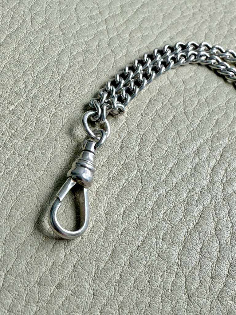 Edwardian era Sterlling Silver Longuard Curb Link Chain with Swivel Dog Clip - 31 inch doubled necklace length adjustable