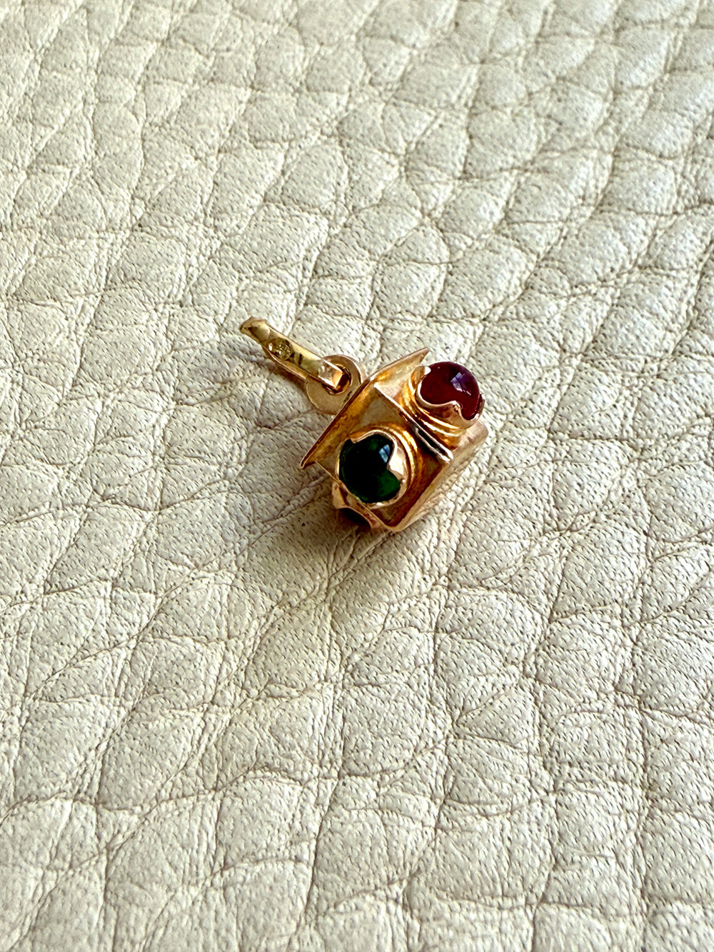 Midcentury Italian 18k Gold Square Box Charm or Pendant with Cabochon Side Accents