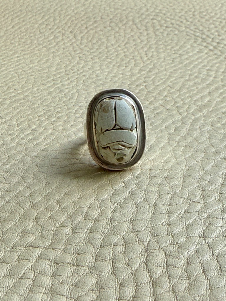 1972 Egyptian Revival Scarab Beetle Ring in Sterling Silver – Size 5.25