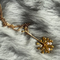 1969 - 14k gold Dandelion pendant with cultured Pearls - Vintage Finnish with long 28” original curb chain necklace