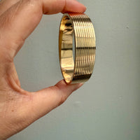 Unique! Architectural Wide 14k Gold Hinged Bangle with Linear Grooves - 6.9 inch oval interior circumference