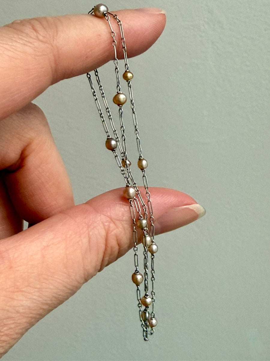 Vintage French Platinum Station Necklace with Pearls  - 15.75 inch length