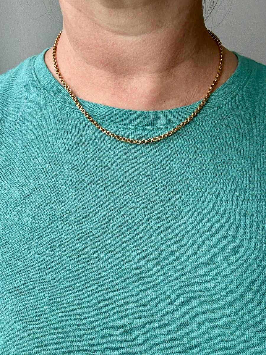 Midcentury era 18k Gold Necklace -  Rolo Link Variation Chain Necklace - 17.5 inch length
