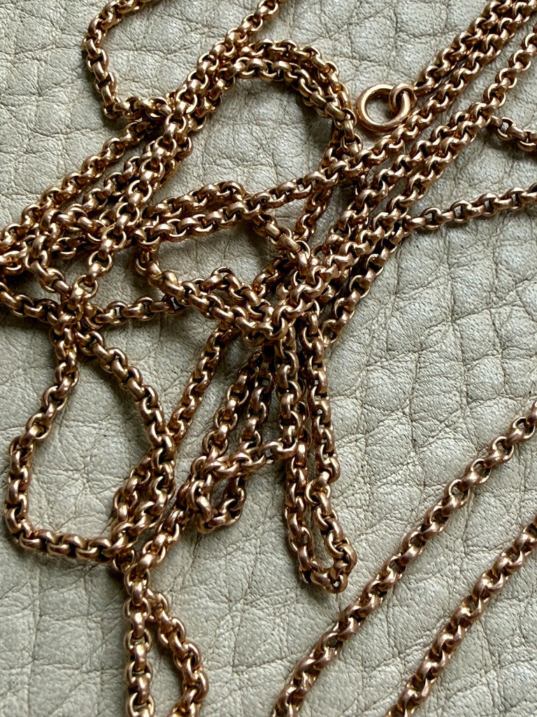 Victorian Era Antique 18k Gold Longuard Belcher Link Chain with Slider & Dog Clip - 33 inch doubled necklace length