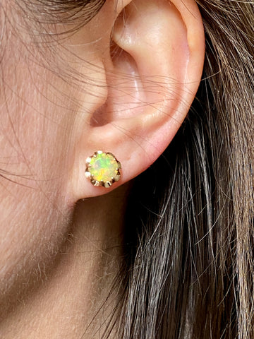 Midcentury era Opal earrings in ruffled 14k gold setting