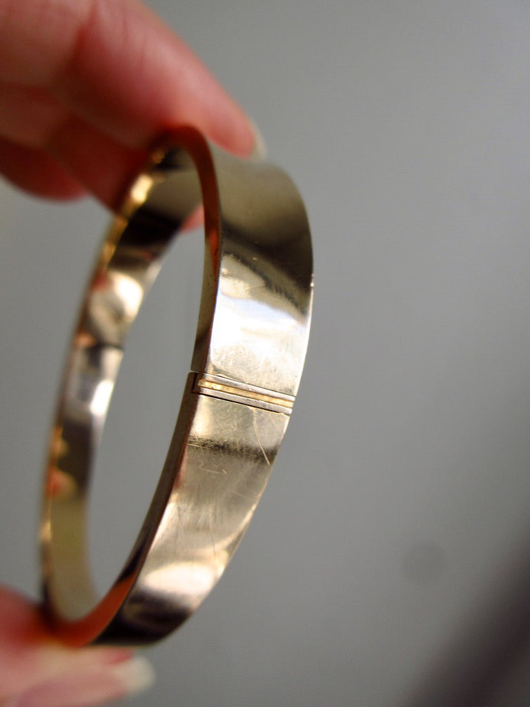 1960s era Vintage Danish 14k Gold Hinged Bangle Bracelet – 7 inch Interior Circumference