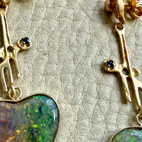 WOW! Vintage Austrian 14k Gold & Opal Heart Drop Brutalist Earrings - 2.2 inch drop