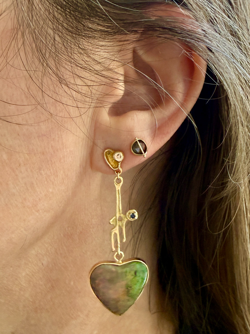 WOW! Vintage Austrian 14k Gold & Opal Heart Drop Brutalist Earrings - 2.2 inch drop