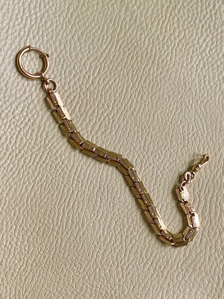 Antique Watch Chain with tiny leaf pattern - 14k gold with 10k rose gold detail