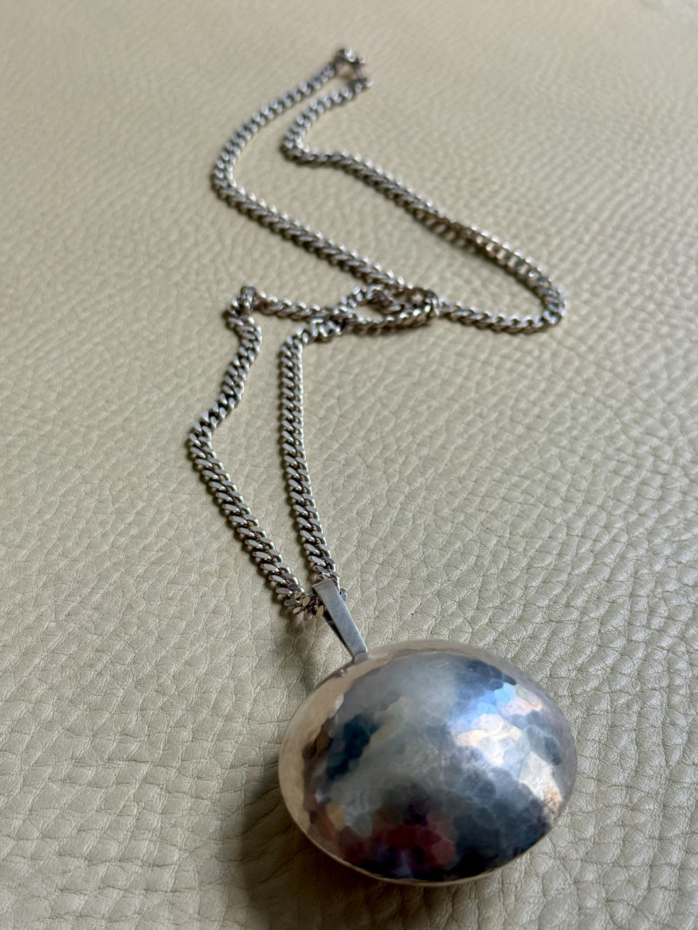 Vintage Silver Hammered Orb Pendant with Substantial Curb Chain - 23.8 inch length