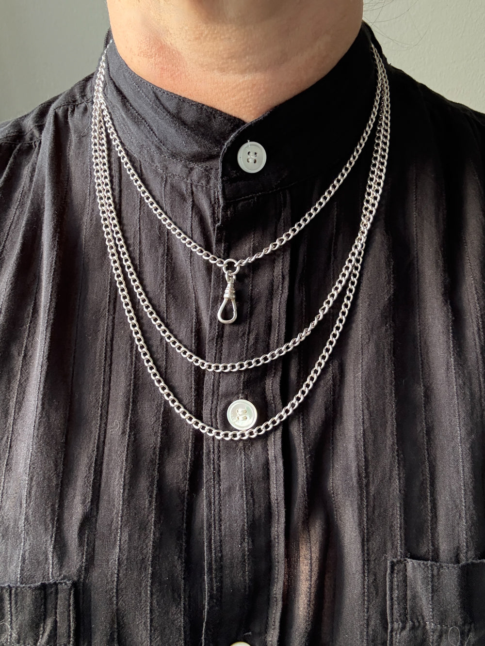 Edwardian era Sterlling Silver Longuard Curb Link Chain with Swivel Dog Clip - 31 inch doubled necklace length adjustable