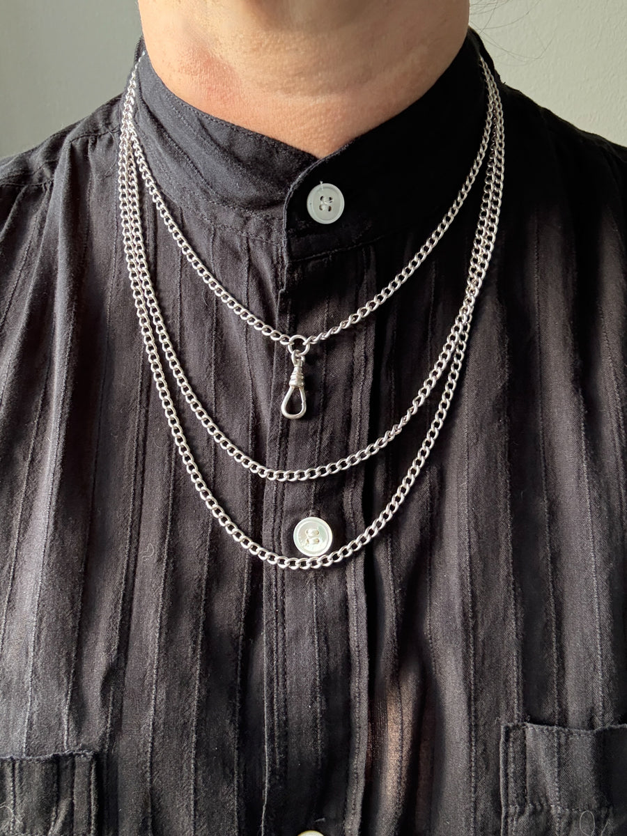 Edwardian era Sterlling Silver Longuard Curb Link Chain with Swivel Dog Clip - 31 inch doubled necklace length adjustable