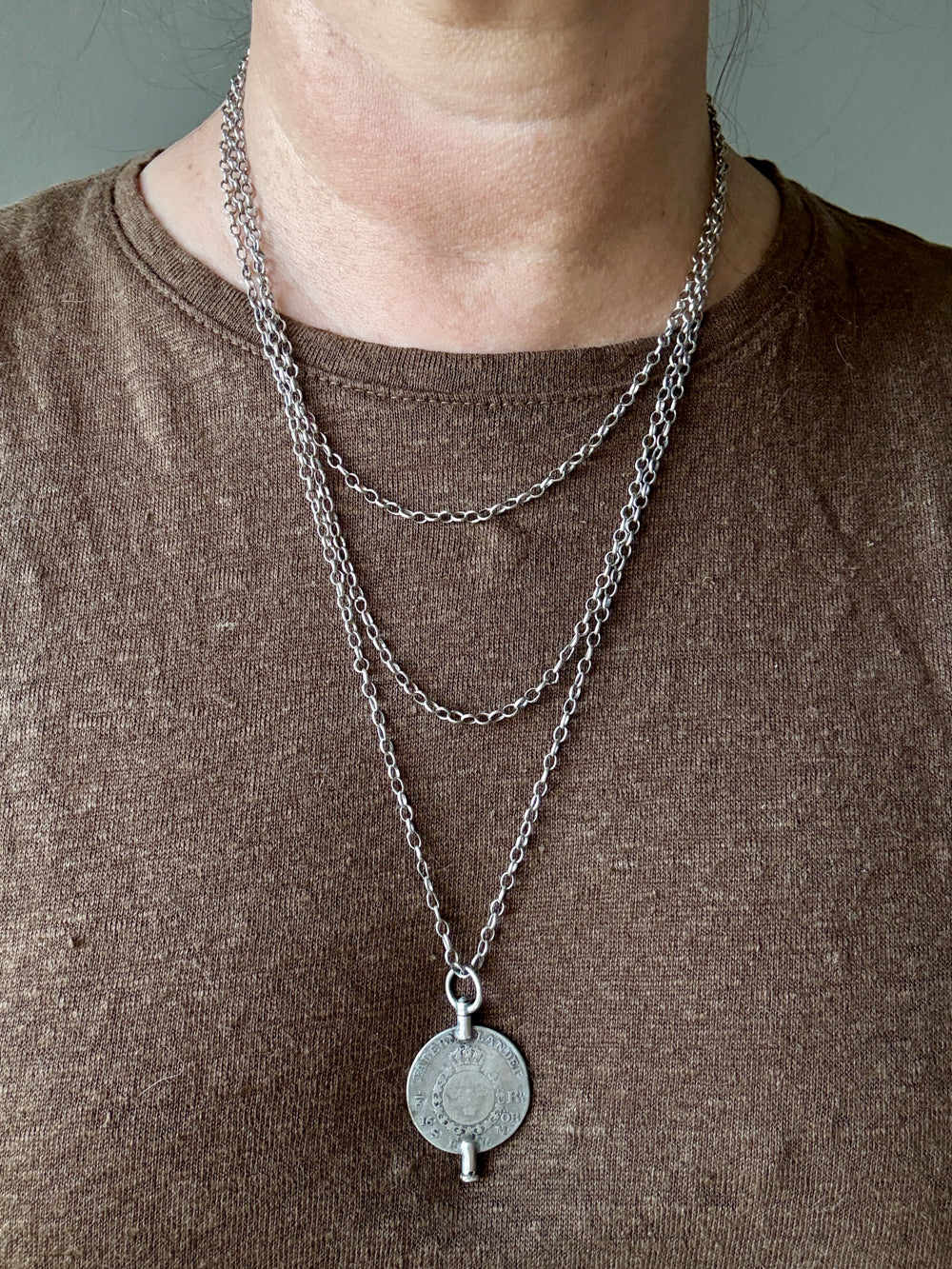 1880 Antique Silver Link Longuard Chain Necklace with Coin Pendant - 61.75 inch length