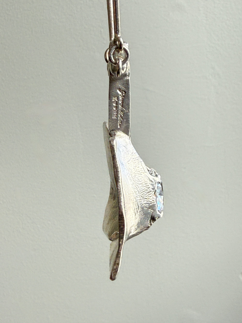 Brutalist Silver Rod Link Necklace with Organic Square Pendant and Large Faceted Crystal Quartz - 20.8 inch length