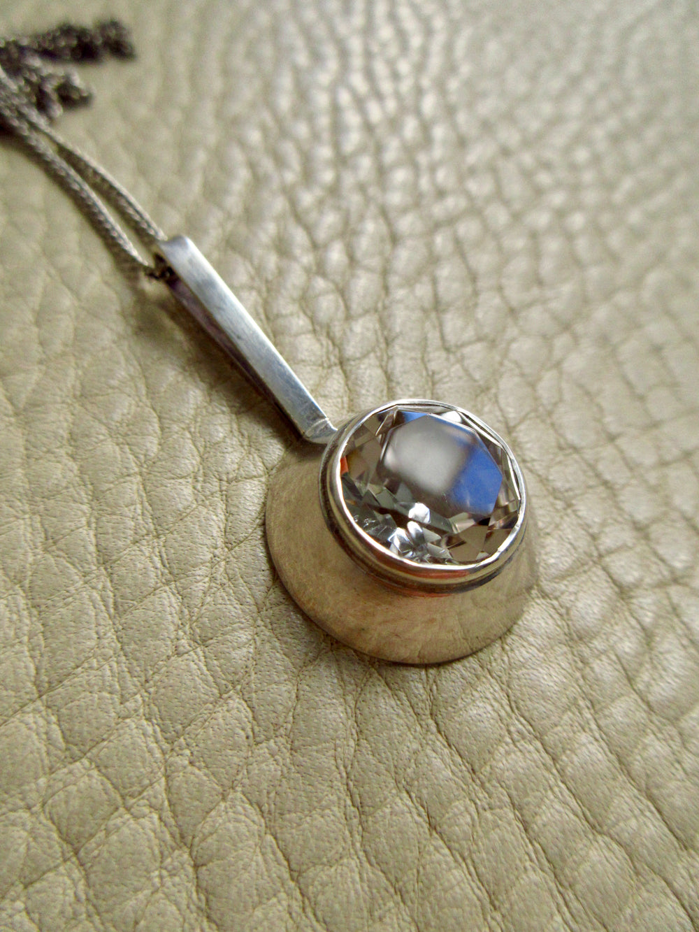 Vintage Swedish Rock Crystal Pendant Necklace Sterling Silver – 20 Inch Length on beige background